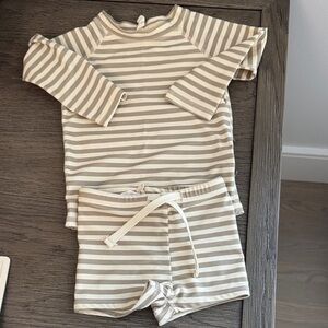 Quincy Mae Cream Striped Boys Swim Set